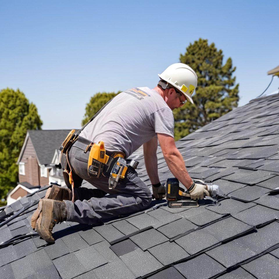 Roofer in a hard hat and harness installing new shingles